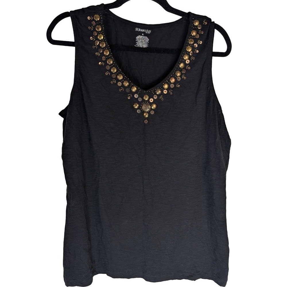 St. Johns Bay Tank Top Women XL Black Studded V-Neck Sleeveless Cotton Boho Top
